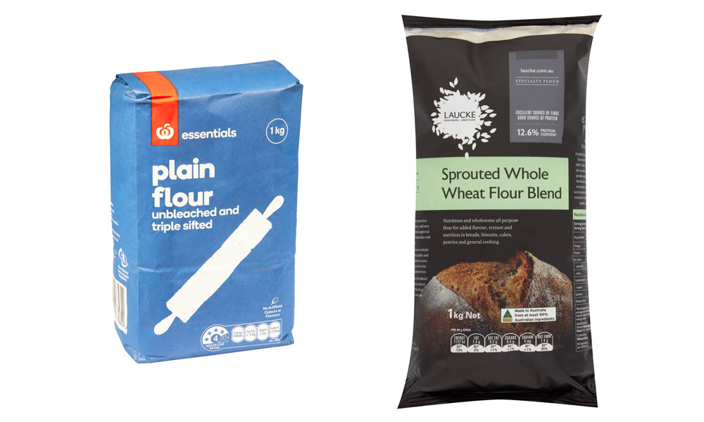 A Woolworths Home Brand flour sitting next to a bag of Laucke Sprouted Wholewheat